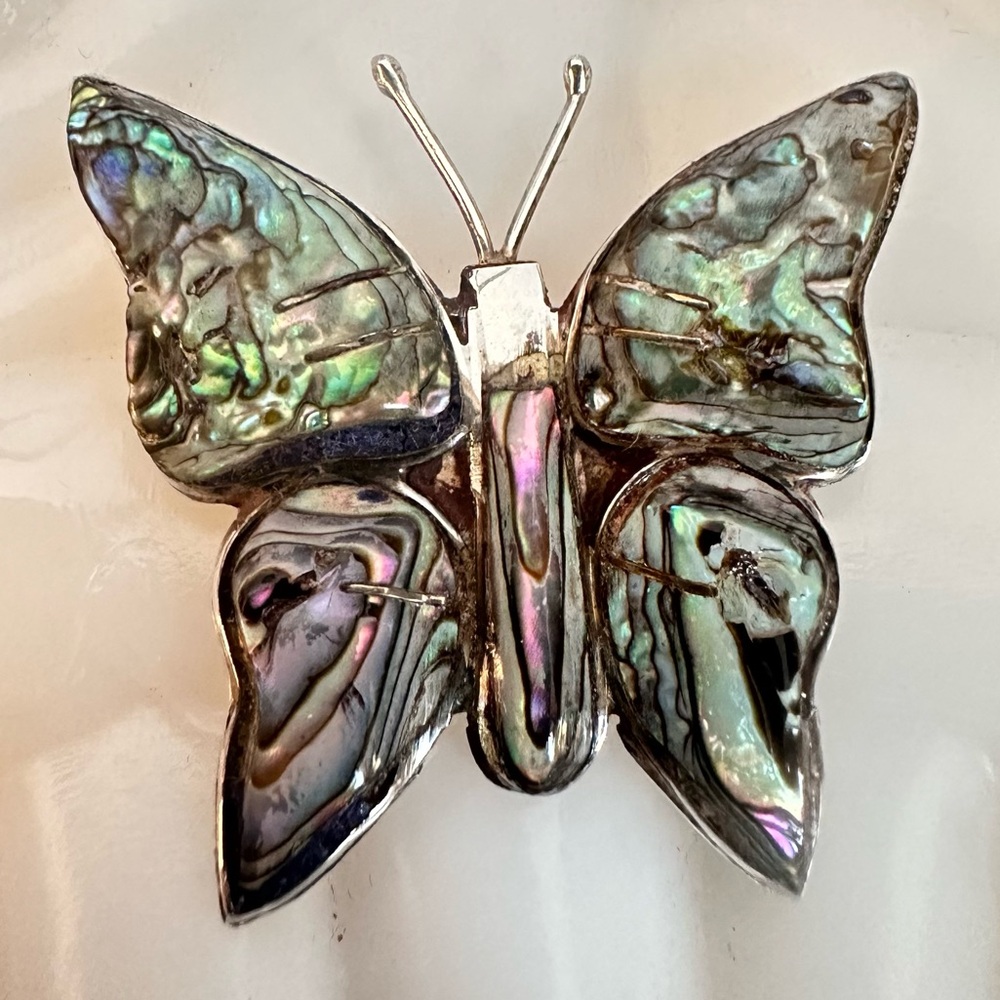 VINTAGE Abalone Shell Butterfly Pin/Brooch - Iridescent and Sterling Silver